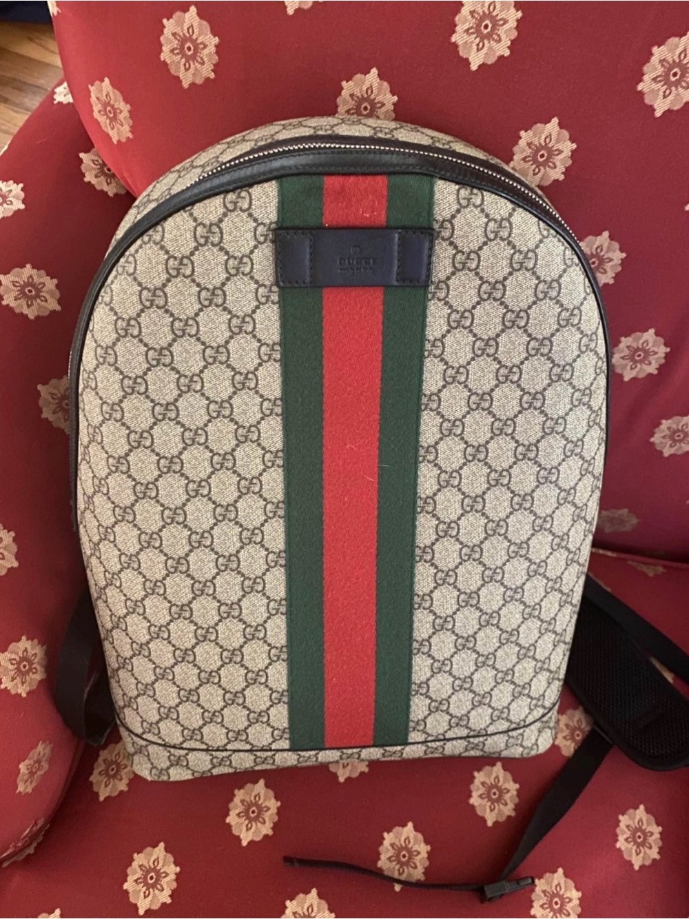 Gucci Beige GG Supreme Canvas Backpack with Green and Red Stripe